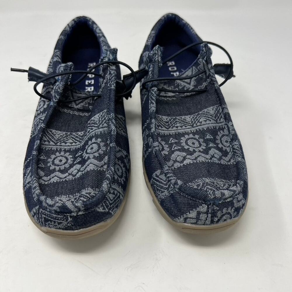 Roper Chillin Navy Aztec Southwestern Tribal Canvas Moc Toe Womens Shoes 6.5 - Picture 1 of 9